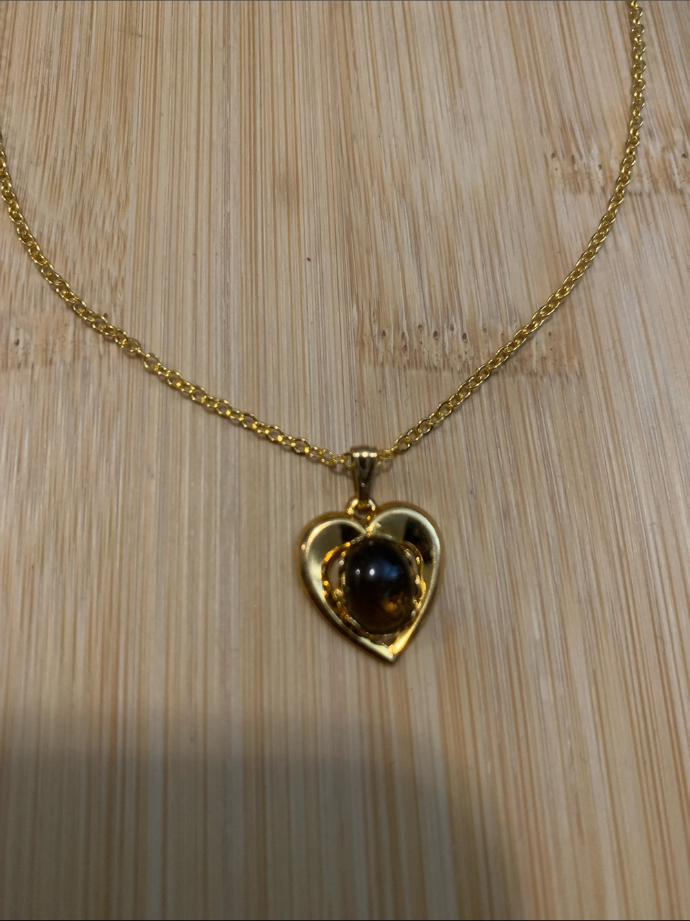 Vintage Gold Plated Heart Pendant Necklace with Brown Gemstone
